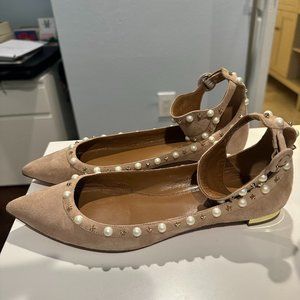Aquazzura Suede Nude Flats with Ankle Strap, Gold Stars and Pearls